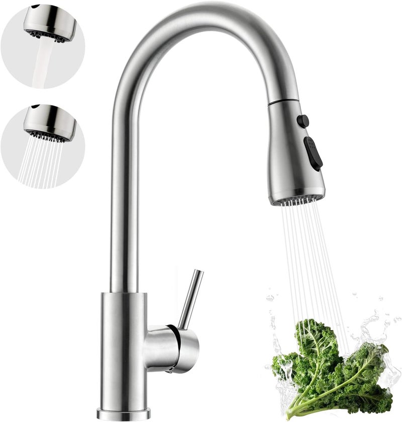 kicimpro Kitchen Faucet with Pull Down Sprayer, Zero Leakage 3 Hole Brushed Nickel RV Kitchen Sink Faucet with Water Line, NSF Certified Lead-Free 304 Stainless Steel Pull Down Kitchen Faucet Seats - Image 1